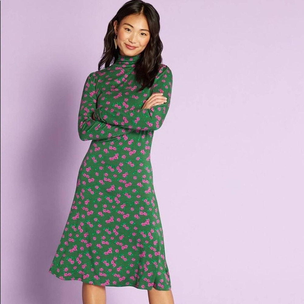 ModCloth Green Pink Rose Floral Mock Neck Dress Medium Long Sleeve Cottagecore - Picture 3 of 9